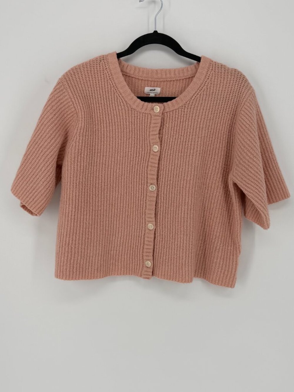 Aerie Pink Cropped Waffle Knit Button Front Cardigan Sweater Women’s Medium - Picture 2 of 7